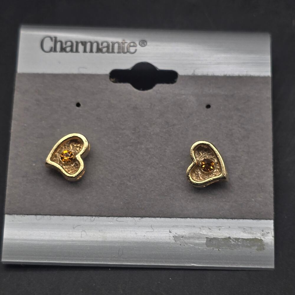 Gold Tone Heart Stud Earrings Yellow Rhinestone November Birthstone NOS